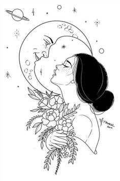 a drawing of a woman with flowers in her hand and the moon above her head