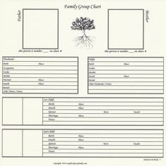 the family group chart is shown in black and white with an image of a tree