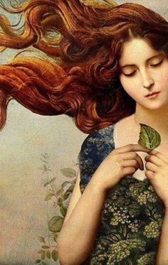 a painting of a woman with long hair holding a leaf in front of her face