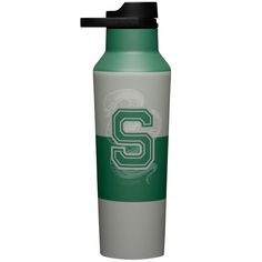 a green and white sports bottle with the letter s on it