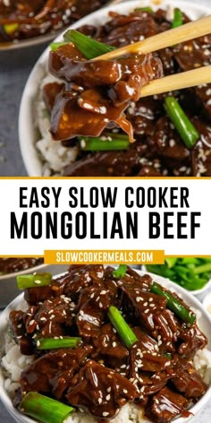 Close up of slow cooker Mongolian beef over rice garnished with sesame seeds and green onions. Slow Cooker Flank Steak, Slow Cooker Mongolian Beef Recipe, Healthy Dinner Recipes For Two, Flank Steak Recipes, Dinner Recipes For Two, Mongolian Beef