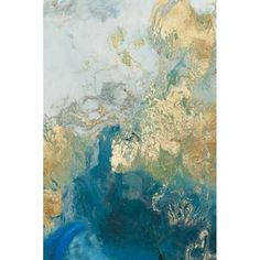 an abstract painting with blue, gold and white colors on it's surface is shown