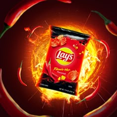 a bag of lays on fire with hot peppers around it