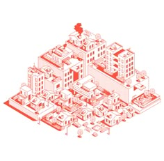 an image of a city with buildings and trees in the center, red on white