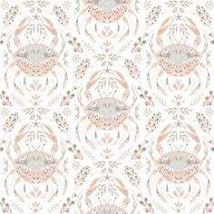 an abstract floral pattern with leaves and flowers on a white background, suitable for wallpaper or fabric