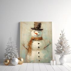 there is a painting on the wall with a snowman