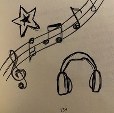 drawing of headphones and musical notes with star on the top right hand corner in black ink