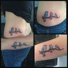 four different pictures of birds on the side of a woman's stomach, with one bird sitting on a branch