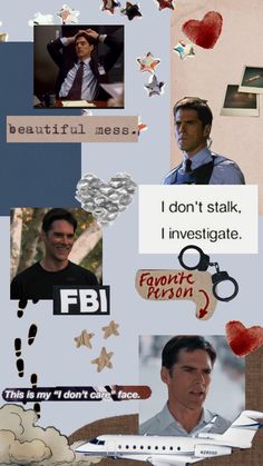 the collage has many different pictures and words on it, including one man in a tie