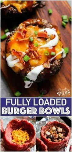 four pictures of stuffed burgers with cheese and other toppings on them, including meat