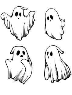 four ghost faces drawn in black and white