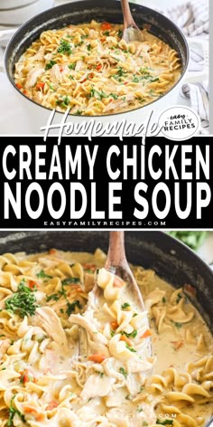 creamy chicken noodle soup in a cast iron skillet