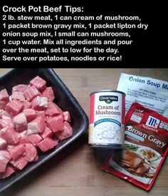 ingredients to make crock pot beef recipe displayed on wooden table with text overlay