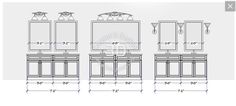 the drawing shows three sinks and two mirrors, with measurements for each one in different sizes