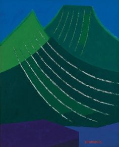 an abstract painting with green and blue mountains in the background