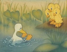 two ducks are swimming in the water near some grass and hearts shaped like heart shapes