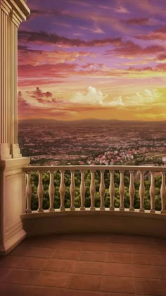 a balcony overlooking a city at sunset with the sky painted in purple and orange colors