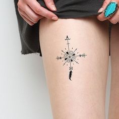 a woman's thigh with a compass tattoo on her left side, and a feather in the middle