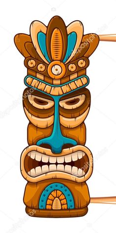 a tiki mask with wooden sticks sticking out of it's mouth, on a white