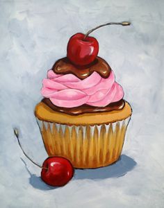 a painting of a cupcake and two cherries