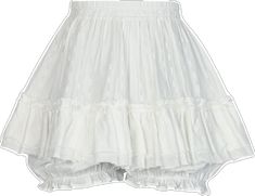 Chic White Skirt With Built-in Shorts, White Cotton Bloomers With Elastic Waistband, White Skirted Skirt With Built-in Shorts, Gathered Cotton Mini Skirt, Summer Ruffled Bloomers For Daywear, White Ruffled Mini Shorts, White Ruffled Mini Length Shorts, White Mini Shorts With Ruffles, White Tiered Ruffled Skort