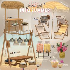 an image of a set of furniture and accessories for the summertime season, with text that reads june get into summer