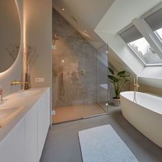 a bathroom with a skylight and a bathtub