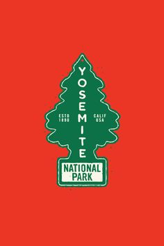 the yosemite national park logo is shown on a red background with green trees