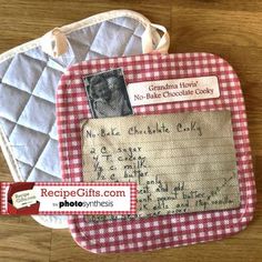 a red and white checkered pot holder with a recipe card attached to the pocket