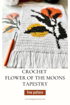 Crochet Flower of the Moons Tapestry Free Pattern How To Tapestry Crochet, Crochet Wall Art Pattern Free, Crochet Wall Hanging Pattern Free, Tapestry Crochet Patterns Charts Free, Free Crochet Pattern Flower, Floral Crochet Pattern, Crochet Pattern Flower