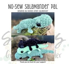 two crocheted alligators sitting on top of a tree branch with the caption no - sew salamander pal