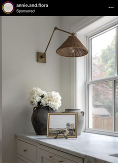 a vase with white flowers sitting on top of a counter next to a window