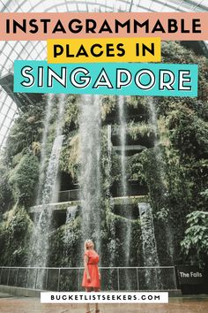 a woman standing in front of a waterfall with text overlay that reads, instagrammable places in singapore