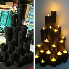 several different types of candles are arranged in the shape of logs