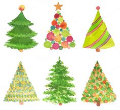 christmas trees painted in watercolor on white paper