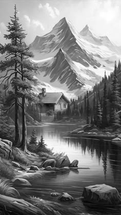 a black and white painting of a mountain lake