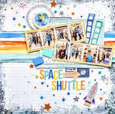 a scrapbook page with space shuttle photos and stars on it, including an airplane