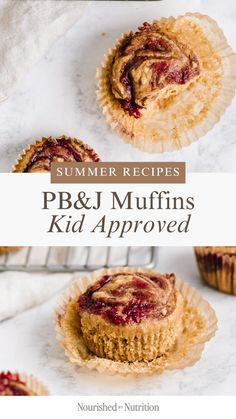 two mini muffins sitting on top of each other with the words summer recipes pb & j muffins kid approved