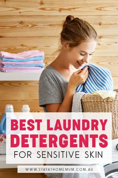 a woman holding a laundry basket in front of a washing machine with the words best laundry deters for sensitive skin