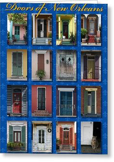 the doors of new orleans are shown in many different styles and colors, including blue