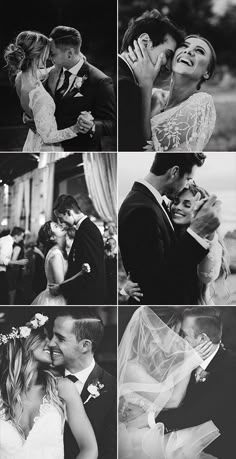 black and white wedding pictures with bride and groom hugging each other in front of the camera