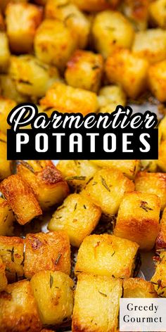 some cooked potatoes on a tray with the words parmesanter potatoes above it