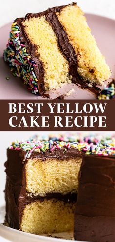 two different types of yellow cake with chocolate frosting and sprinkles on top