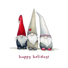 three gnomes are standing next to each other with the words happy holidays written on them