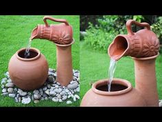 two pictures of clay pots with water coming out of them, and another photo of the same one