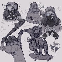 some drawings of people wearing masks and riding skateboards