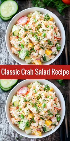 two bowls filled with crab salad next to cucumbers