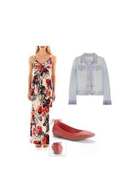 Maxi dress, denim jacket, coral flats Maxi Dress Denim Jacket, Dress Denim Jacket, Dress Denim, Trending Fashion Outfits