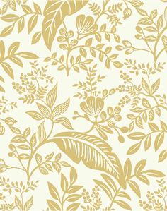 a white and gold floral wallpaper with leaves