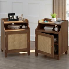 two wooden side tables with wicker baskets on each one and an alarm clock on top